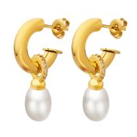 Titanium Steel Earrings, with Plastic Pearl, Vacuum Ion Plating, fashion jewelry & micro pave cubic zirconia & for woman, golden, 30*15mm 