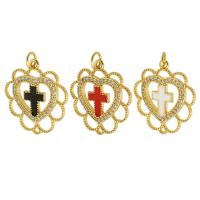 Cubic Zirconia Micro Pave Brass Pendant, Heart, gold color plated, with cross pattern & DIY & micro pave cubic zirconia & enamel Approx 3mm 