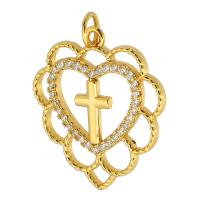 Cubic Zirconia Micro Pave Brass Pendant, Heart, gold color plated, with cross pattern & DIY & micro pave cubic zirconia, gold Approx 3mm 