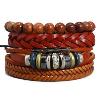 PU Leather Cord Bracelets, Cowhide, with PU Leather & Wax Cord & Wood & Copper Coated Plastic, with 8-9cm extender chain, plated, 4 pieces & fashion jewelry & Unisex, brown, 17-18cm 