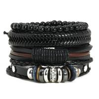PU Leather Cord Bracelets, with Wax Cord & Wood & Copper Coated Plastic, plated, 4 pieces & fashion jewelry & Unisex, black, 17-18cm 