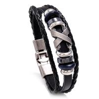 Cowhide Bracelets, with PU Leather & Wood & Copper Coated Plastic & Zinc Alloy, knit, three layers & fashion jewelry & Unisex 200mm 