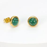 Stainless Steel Stud Earring, 304 Stainless Steel, with turquoise, Round, Vacuum Plating, for woman, green 