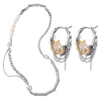 Titanium Steel Jewelry Set, with Cubic Zirconia & Freshwater Pearl & Brass, silver color plated & for woman, silver color 