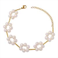 Cultured Freshwater Pearl Brass Bracelet, with Freshwater Pearl, with 2.36 extender chain, gold color plated, for woman, golden .5 Inch 