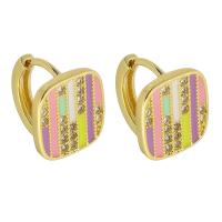 Brass Huggie Hoop Earring, Square, gold color plated, fashion jewelry & micro pave cubic zirconia & for woman & enamel, multi-colored 