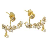 Cubic Zirconia Micro Pave Brass Earring, with Plastic Pearl, gold color plated, fashion jewelry & micro pave cubic zirconia & for woman, golden, 18mm 