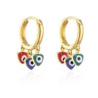 Huggie Hoop Drop Earring, Brass, gold color plated, evil eye pattern & micro pave cubic zirconia & for woman & enamel 