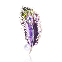 Rhinestone Zinc Alloy Brooch, with Plastic Pearl, Feather, for woman & with rhinestone 
