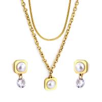 Rhinestone stainless steel Jewelry Set, 304 Stainless Steel, Stud Earring & necklace, with Plastic Pearl, with 1.97inch extender chain, Vacuum Ion Plating, 2 pieces & fashion jewelry & for woman & with rhinestone Approx 16.54 Inch 
