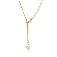 Natural Freshwater Pearl Necklace, Titanium Steel, with Freshwater Pearl, with 1.97 extender chain, gold color plated, for woman, golden .11 Inch 