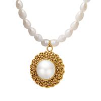 Natural Freshwater Pearl Necklace, with Titanium Steel & Plastic Pearl, with 1.97 extender chain, Round, gold color plated, for woman, golden, 24mm .75 Inch 
