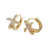 Brass Huggie Hoop Earring, Starfish, plated, micro pave cubic zirconia & for woman 