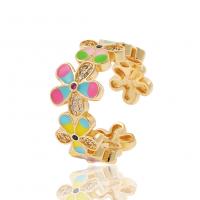 Brass Cuff Finger Ring, Flower, gold color plated, Adjustable & micro pave cubic zirconia & for woman & enamel 23mm 