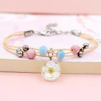 Glass Beads Multilayer Bracelets, Porcelain, with Dried Flower & Wax Cord & Glass & Zinc Alloy, plated & for woman Approx 7.08 Inch 