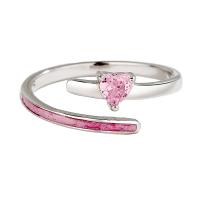 925 Sterling Silver Cuff Finger Ring, Heart, platinum color plated, Adjustable & for woman, pink 