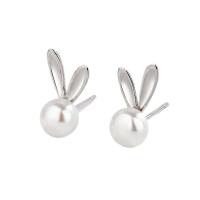 Sterling Silver Natural Pearl Stud Earring, 925 Sterling Silver, with Freshwater Pearl, Rabbit, plated, for woman 