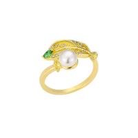 Cubic Zirconia Micro Pave Brass Finger Ring, with Plastic Pearl, 18K gold plated, Adjustable & micro pave cubic zirconia & for woman 
