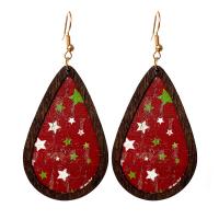 PU Leather Drop Earring, with Wood & Brass, fashion jewelry & for woman 80mm 