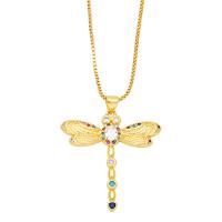 Rhinestone Brass Necklace, with 5 extender chain, Dragonfly, 18K gold plated, for woman & with rhinestone cm 