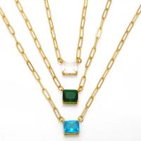 Brass Cubic Zirconia Necklace, with 5 extender chain, Square, 18K gold plated, micro pave cubic zirconia & for woman cm 