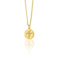 Cubic Zircon Micro Pave Brass Necklace, with 1.96 inch extender chain, Flat Round, 18K gold plated, with cross pattern & micro pave cubic zirconia & for woman Approx 17.71 Inch 