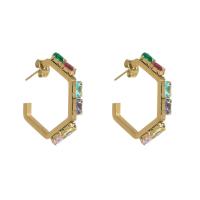 Titanium Steel Earrings, gold color plated, fashion jewelry & for woman & with rhinestone, multi-colored 