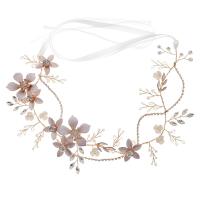 Headband, Brass, with Silk & Crystal & Plastic Pearl, gold color plated, for woman & with rhinestone, gold 