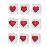 Schmelz Acryl Perlen, Quadrat, DIY & mit einem Muster von Herzen & Emaille & Doppelloch, rot, 8x9x3.5mm, Bohrung:ca. 1mm, verkauft von Tasche