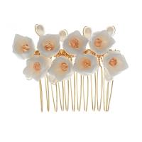 Decorative Hair Combs, Resin, with brass wire & Crystal & Plastic Pearl, Flower, gold color plated, for woman, golden 