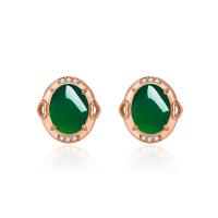 Gemstone Stud Earring, Brass, with Green Calcedony, Flat Oval, rose gold color plated, fashion jewelry & micro pave cubic zirconia & for woman, green 