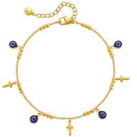 Brass Anklet, with 2.36inch extender chain, Cross, 18K gold plated, fashion jewelry & evil eye pattern & for woman Approx 9.05 Inch 