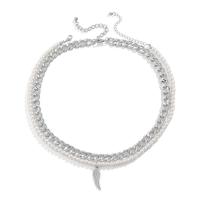 Plastic Pearl Necklace, Zinc Alloy, with iron chain & Plastic Pearl, with 2.7inch extender chain, Feather, silver color plated, Double Layer & fashion jewelry & for man, 30mm Approx 17.7 Inch, Approx 19.7 Inch 