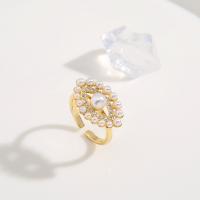 Pearl Brass Finger Ring, with Plastic Pearl, real gold plated, Adjustable & micro pave cubic zirconia & for woman 