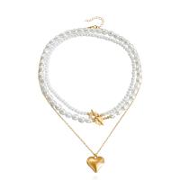 Mode-Multi-Layer-Halskette, Zinklegierung, mit ABS-Kunststoff-Perlen, Herz, goldfarben plattiert, drei Stücke & Modeschmuck & für Frau, weiß, 25mm, Länge:52 cm, verkauft von setzen