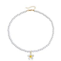 Plastic Pearl Necklace, Zinc Alloy, with ABS Plastic Pearl, Flower, gold color plated, fashion jewelry & for woman & enamel, white, 20mm cm 