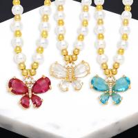 Brass Cubic Zirconia Necklace, with Plastic Pearl, with 5 extender chain, Butterfly, 18K gold plated, fashion jewelry & for woman & with cubic zirconia cm 