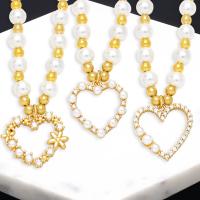 Plastic Pearl Necklace, Brass, with Plastic Pearl, with 5 extender chain, Heart, 18K gold plated, fashion jewelry & micro pave cubic zirconia & for woman cm 