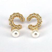 Cubic Zirconia Micro Pave Brass Earring, with Shell Pearl, 18K gold plated, for woman, golden 