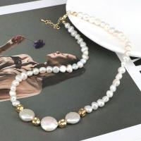 Freshwater Pearl Brass Necklace, with Brass, with 1.97 extender chain, gold color plated, for woman, white .96 Inch 