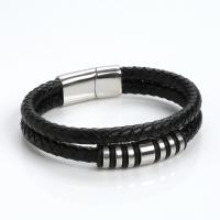PU Leather Bracelet, with 316L Stainless Steel, polished, Double Layer & fashion jewelry & for man, black cm 