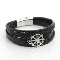 PU Leather Bracelet, with 316L Stainless Steel, Ship Wheel, polished, fashion jewelry & multilayer & for man, black cm 