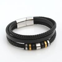 PU Leather Bracelet, with 316L Stainless Steel, Vacuum Ion Plating, fashion jewelry & multilayer & for man, black cm 