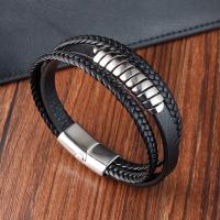 PU Leather Bracelet, with 304 Stainless Steel, polished, three layers & fashion jewelry & for man, black cm 