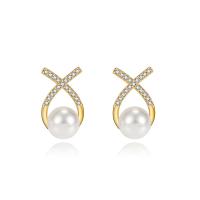 Cubic Zirconia Micro Pave Brass Earring, with Plastic Pearl, Letter X, gold color plated, fashion jewelry & micro pave cubic zirconia & for woman, golden 