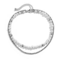Collar de perlas de plástico, Perlas plásticas, con fundición & aleación de zinc, con 2.7inch extender cadena, chapado en color de platina, Doble capa & para hombre & con diamantes de imitación, longitud:aproximado 15.7 Inch, aproximado  17.7 Inch, Vendido por UD