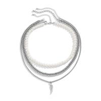 Fashion Multi Layer Necklace, Iron, with zinc alloy pendant & Plastic Pearl, with 2.7inch extender chain, Feather, silver color plated, three layers & for man Approx 15.7 Inch, Approx 17.7 Inch 