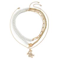 Fashion Multi Layer Necklace, Zinc Alloy, with Plastic Pearl, with 2.7inch extender chain, Dragon, plated, multilayer & ball chain & for man & with rhinestone Approx 15.7 Inch, Approx 17.7 Inch 