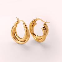 Stainless Steel Hoop Earring, 304 Stainless Steel, 18K gold plated, for woman & with rhinestone & hollow, 30mm 