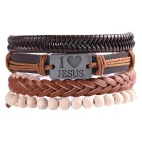 PU Leather Cord Bracelets, with Cowhide & Wood & Zinc Alloy, 4 pieces & Unisex Approx 7.09 Inch 
